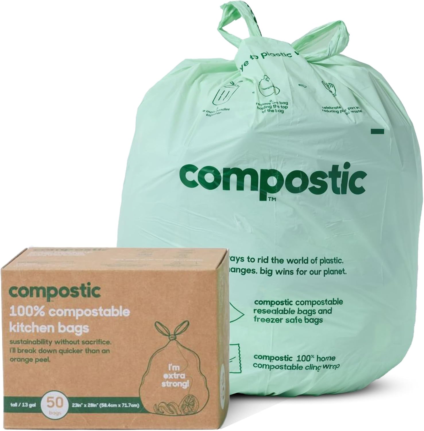 Compostic Compostable Trash Bags, 13 Gallon Tall Kitchen Starter Pack (50 Count) — Extra Strong, Home Compostable, Plant-Based, Unscented