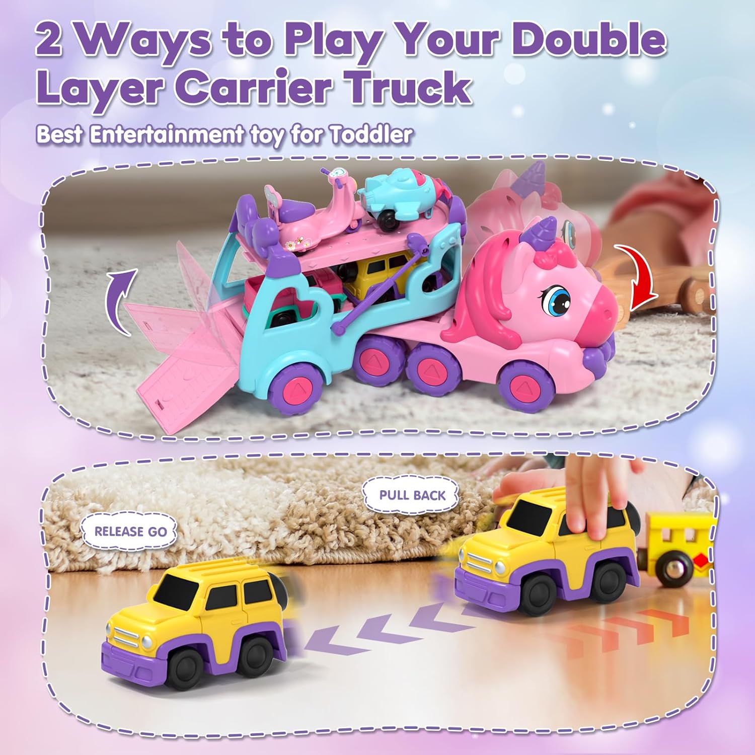 Thumbnail 3 de Lehoo Unicorn 5-in-1 Castle Toddler Toys: Carrier Truck with Lights & Music, Unicorn Track Play Set for Ages 2+