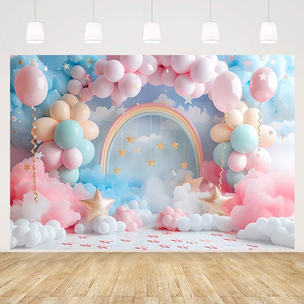 Thumbnail 6 de MEHOFOND 7x5ft girls photography backdrop – colourful clouds & rainbow balloon arch style
