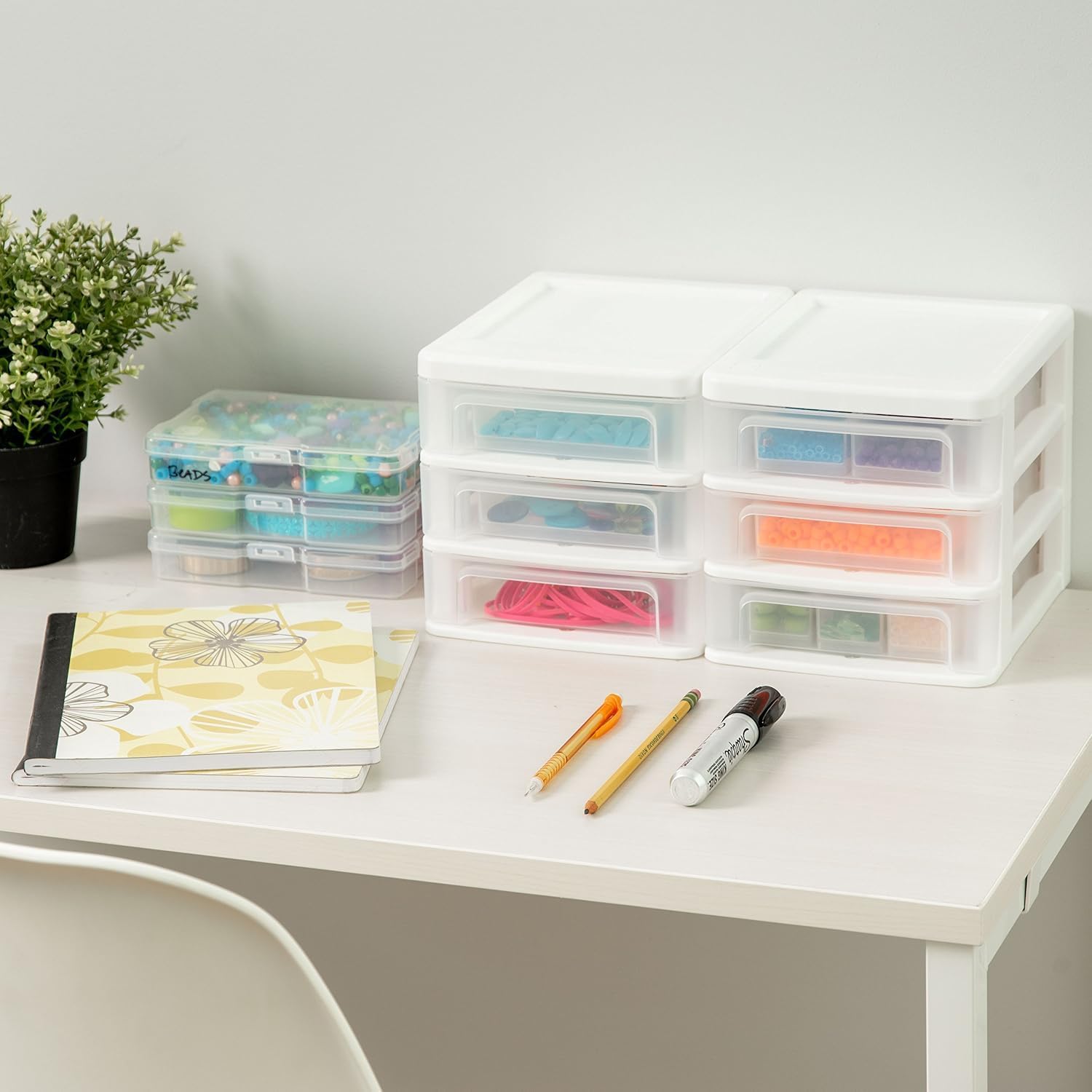 Detalle 2 de IRIS USA 587602 4-Pack 3-Drawer Desktop Organizers, Stackable White Plastic