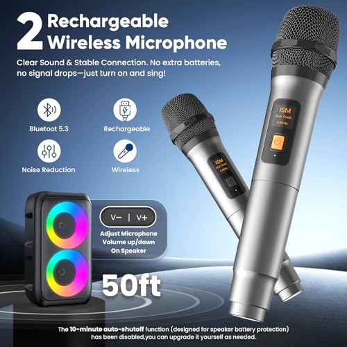 Detalle 2 de Peski Karaoke Machine for Adults & Kids — 15W Portable Bluetooth PA System with 2 Mics, TWS, LED Lights, 10H Battery