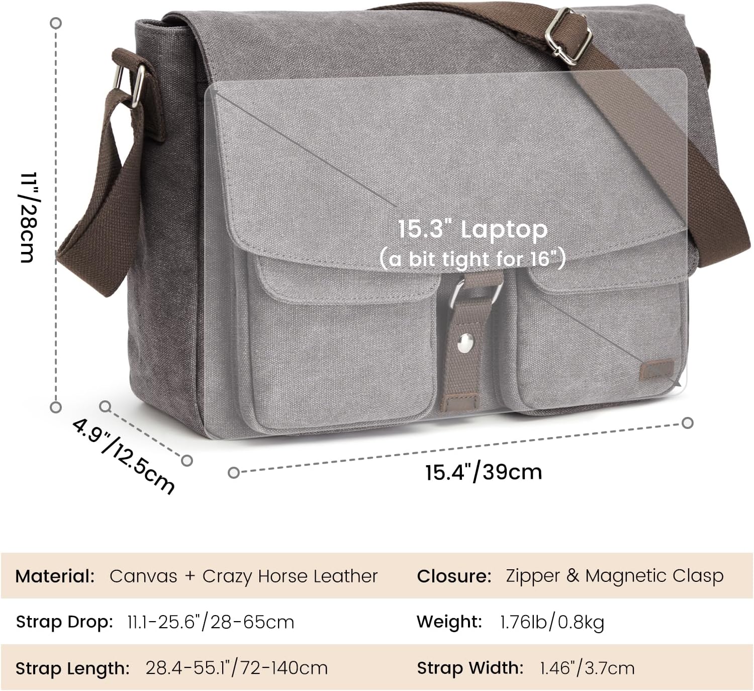 Detalle de S-ZONE canvas messenger bag for men with pockets and water-resistant finish
