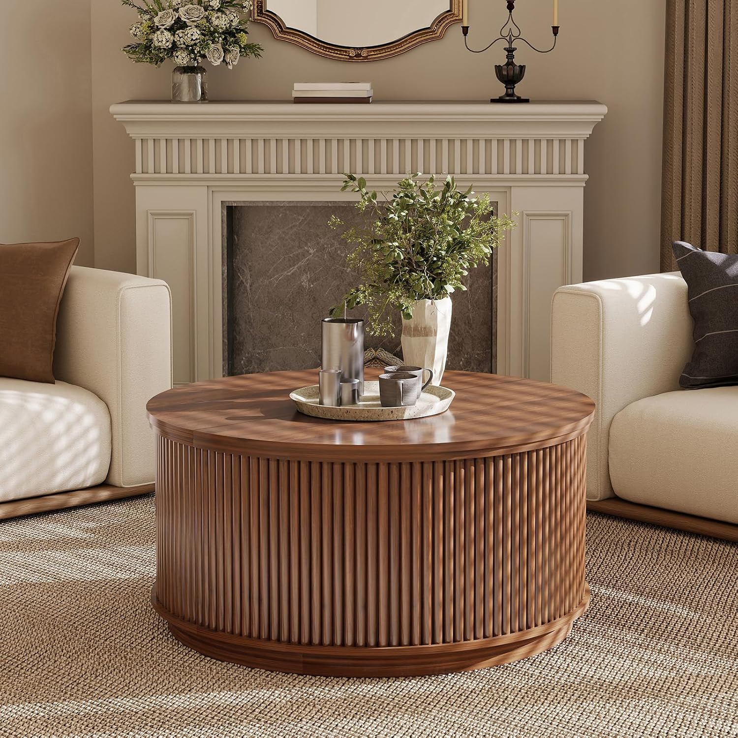 Detalle de LYNCOHOME LHCF172-WN Round Coffee Table, Walnut, Fluted Design with Hidden Storage