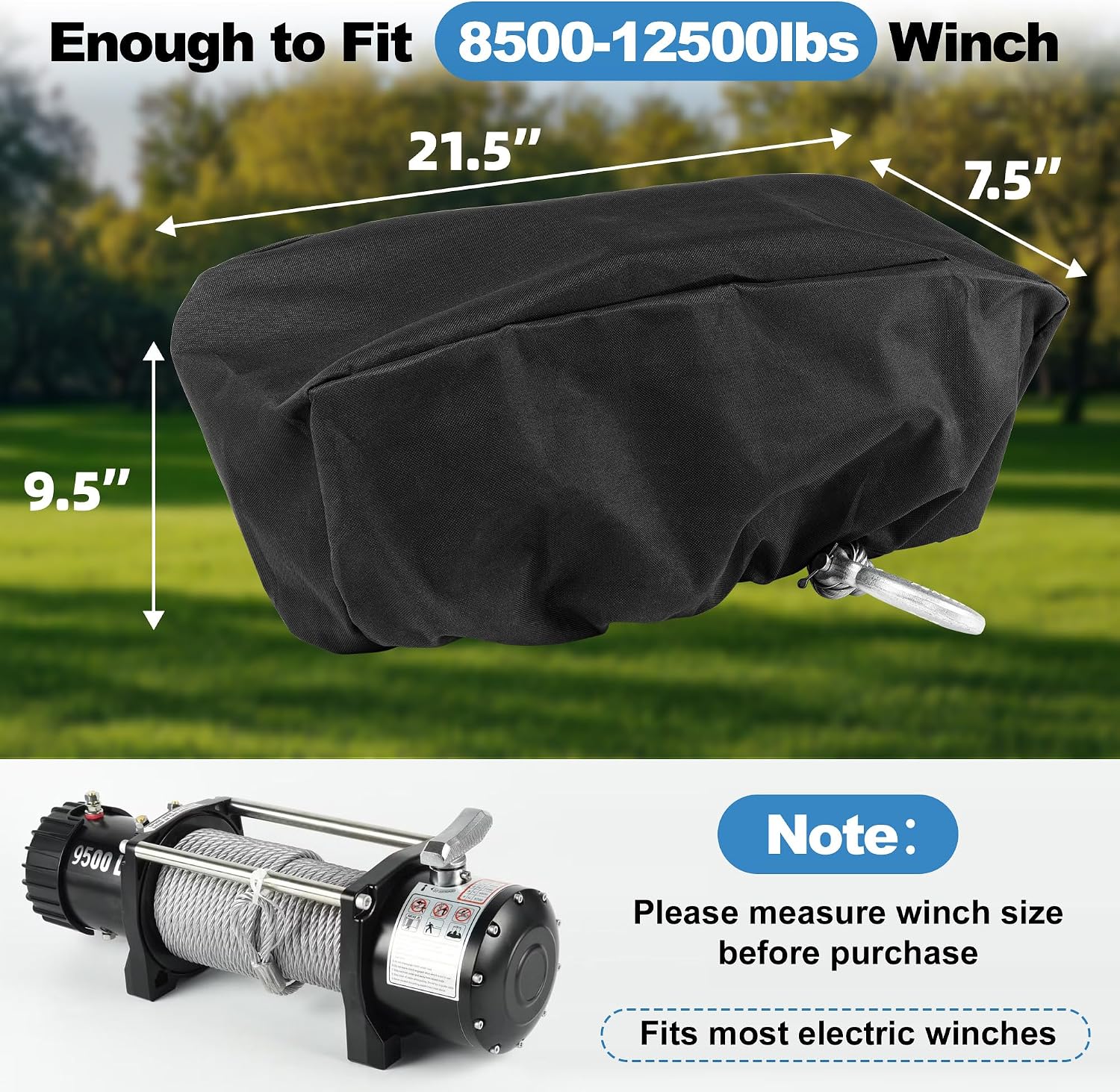 Detalle de MUAKIOY Heavy-Duty Waterproof Winch Cover (21.5” x 9.5” x 7.5”) for Electric Winches 8,500–17,500 lbs, Black