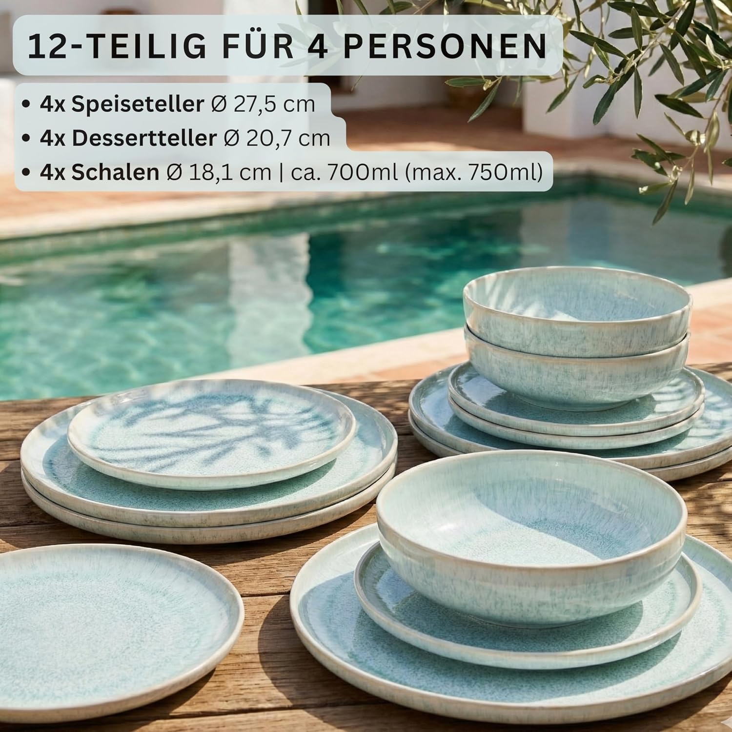 Detalle de SÄNGER Geschirrset Paros (12-teilig) für 4 Personen – Steingut handmade in Türkis