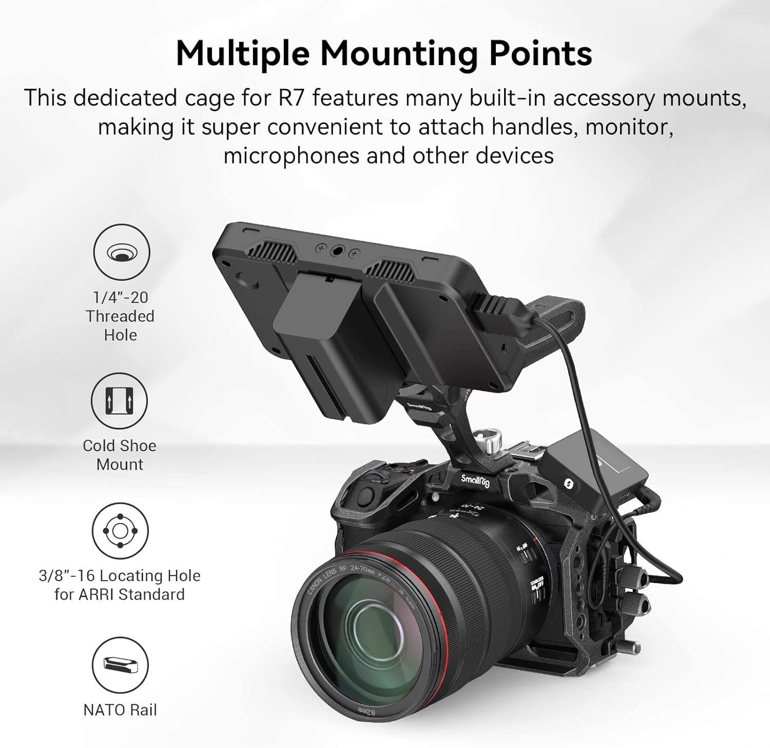 Detalle de SmallRig R7 Cage with Built-in Quick Release Plate for Arca Standard - a practical rig for Canon R7
