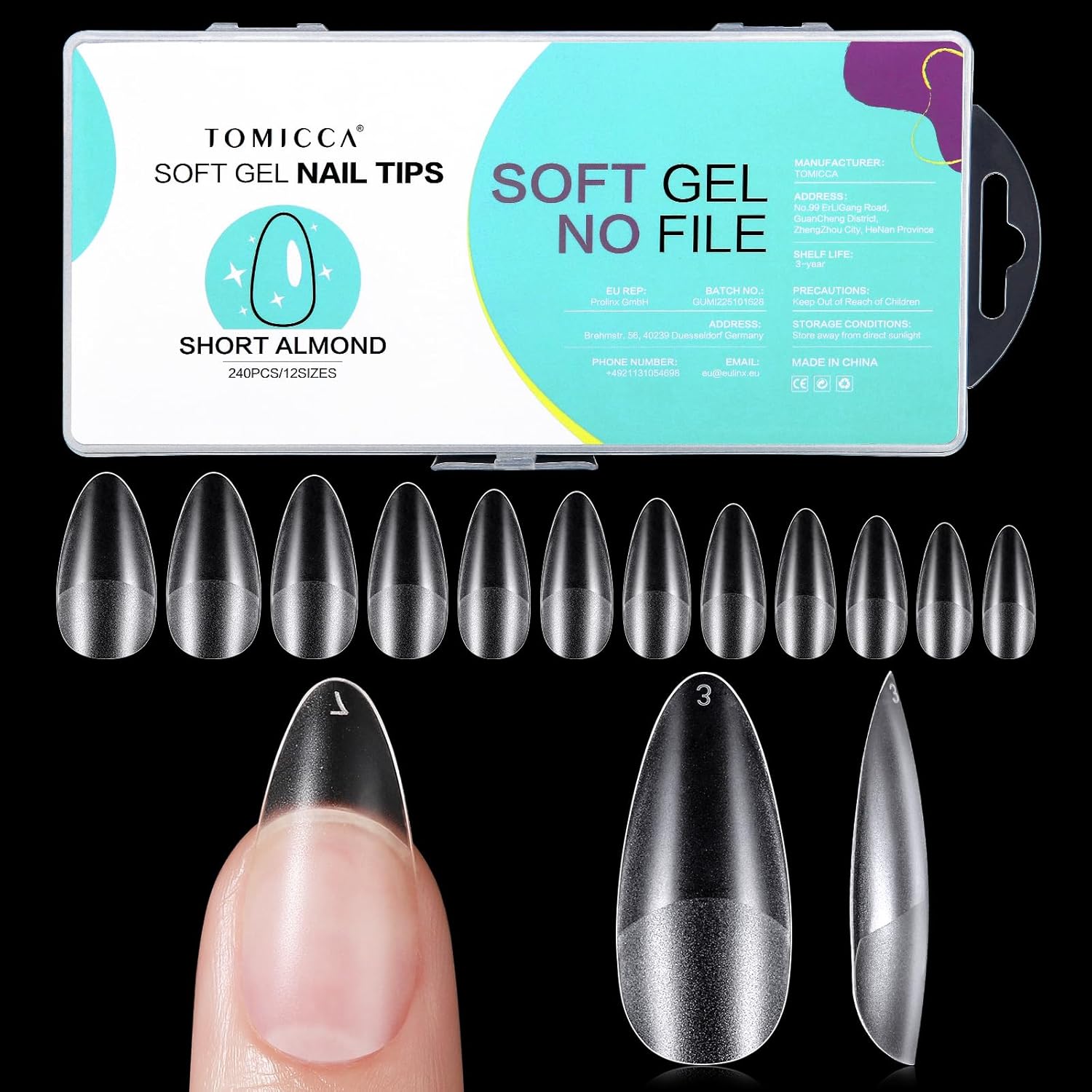 TOMICCA Capsules d’ongles gel souple Amande Court (12 tailles, 240 pièces) pour pose américaine
