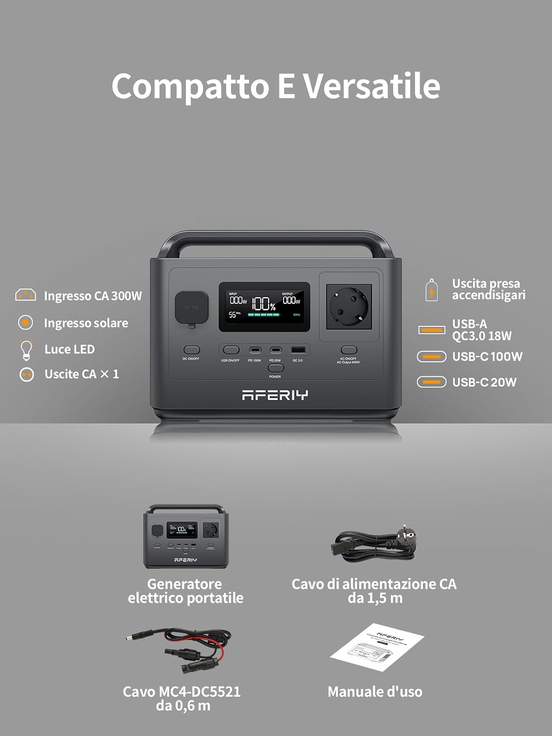 Thumbnail 5 de AFERIY 400W Stazione di Energia Portatile con Batteria LiFePO4 256Wh – Ricarica rapida, 5 uscite e UPS 230V
