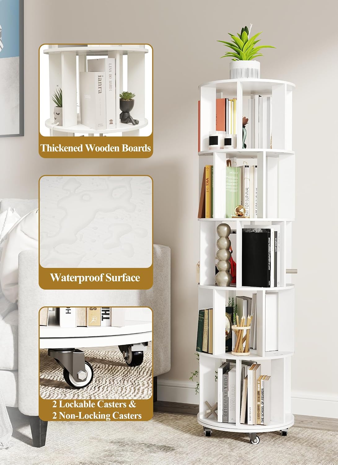 Detalle de yeshine Rotating 5-Tier Corner Bookshelf (360° Revolving, White) for Small Spaces