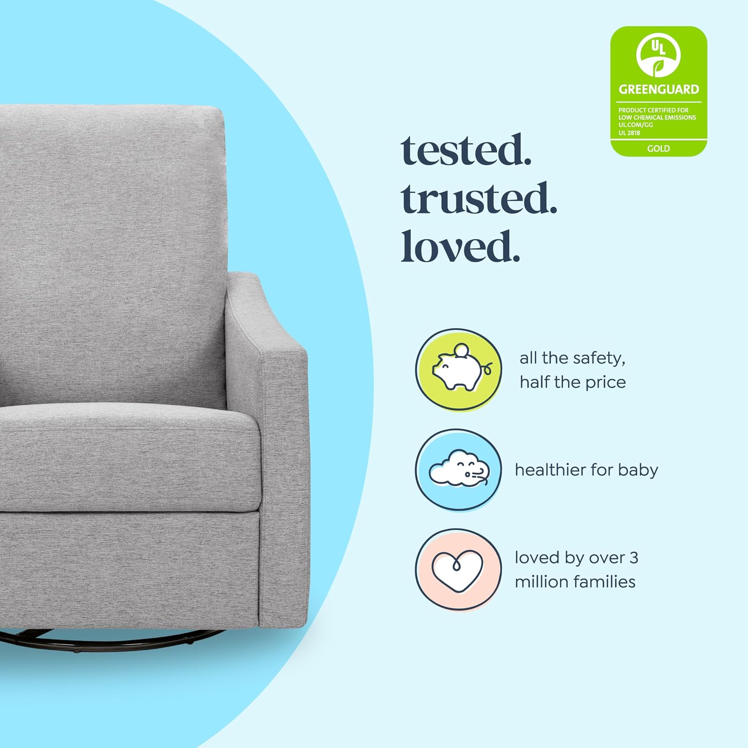 Detalle de DaVinci Jonah Swivel Glider Recliner, Frost Grey Polyester, Manual Recline
