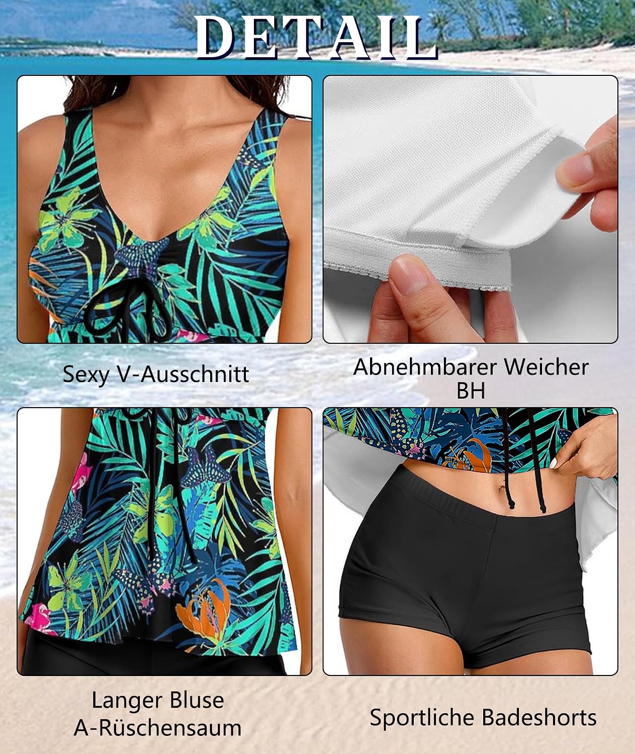 Detalle de Wihnsinop Tankini Damen Bauchweg Set mit Push-Up Oberteil und Badeshorts