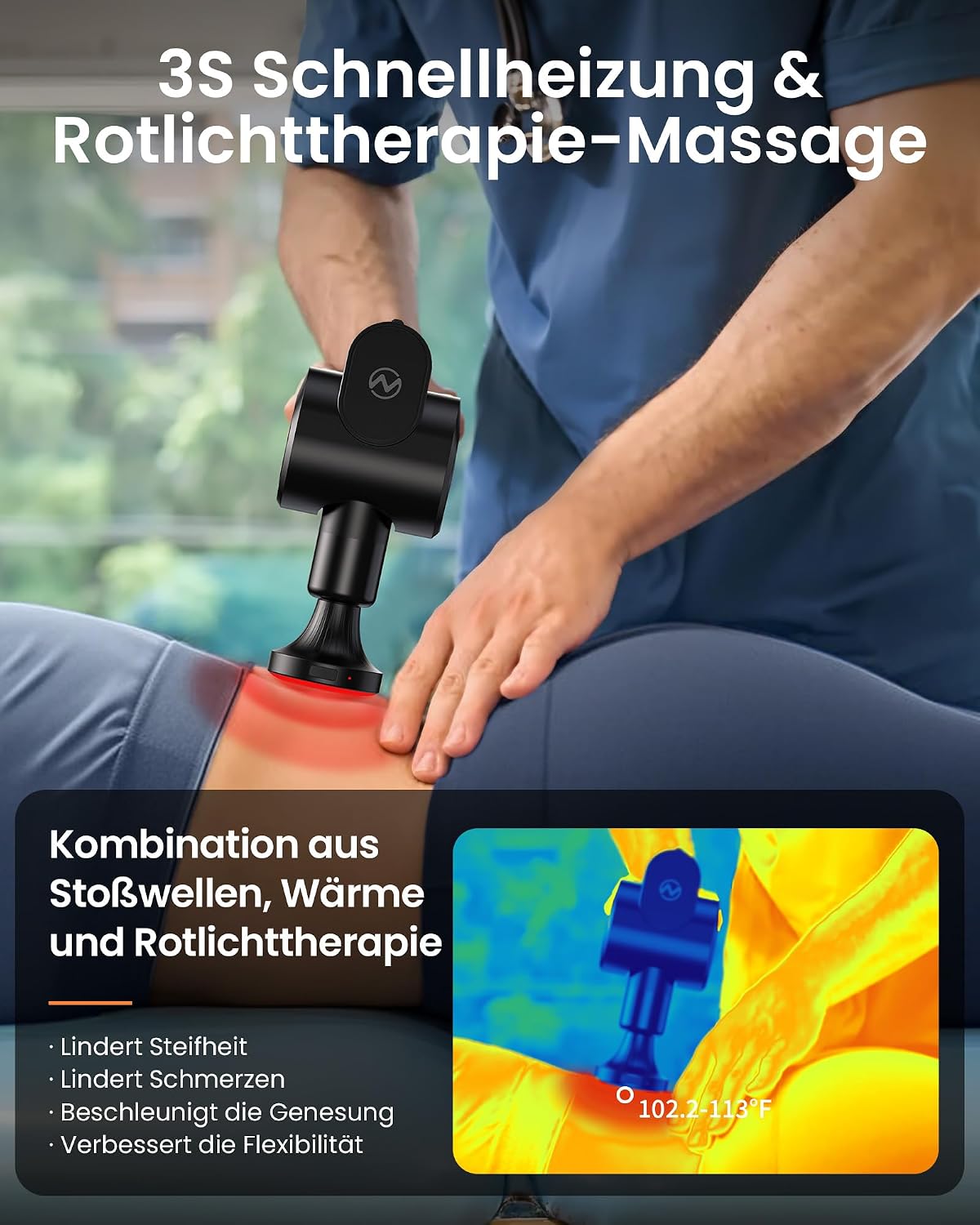 Thumbnail 3 de Napre Massagepistole mit Wärmefunktion & Rotlichttherapie – 32 Geschwindigkeiten, klappbar mit Verlängerung