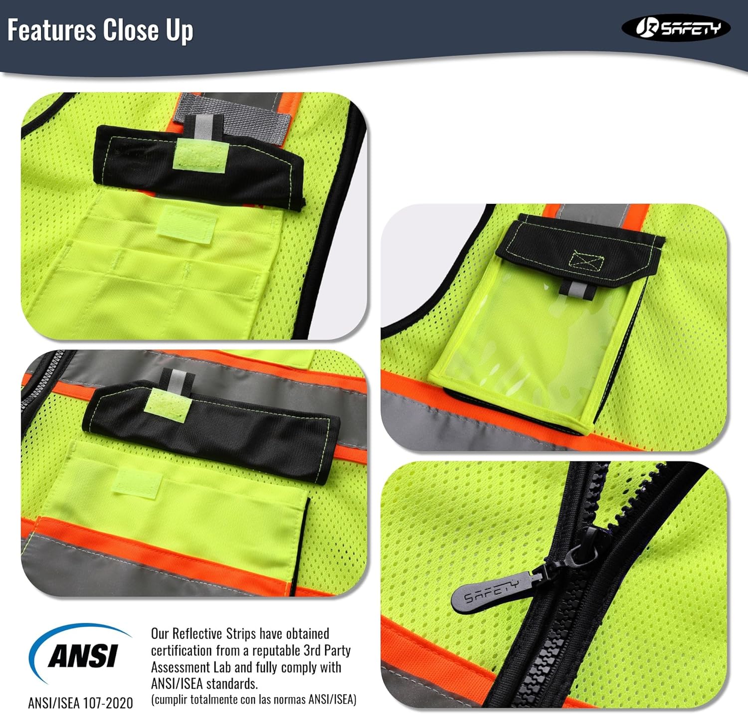 Detalle de JKSafety JK220 Safety Vest, Yellow XL Mesh, Class 2, 5 Utility Pockets
