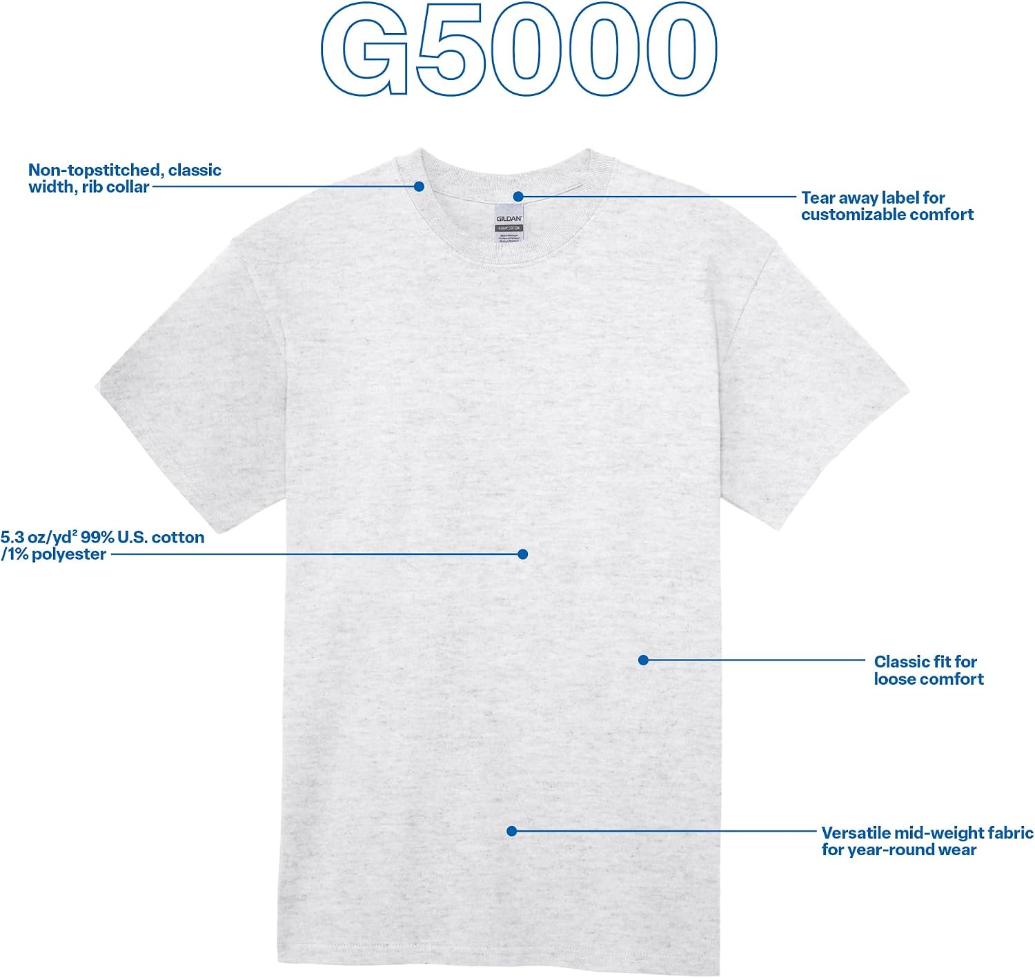 Detalle de Gildan Adult Heavy Cotton T-Shirt (Style G5000) — Classic Fit, Versatile Everyday Tee