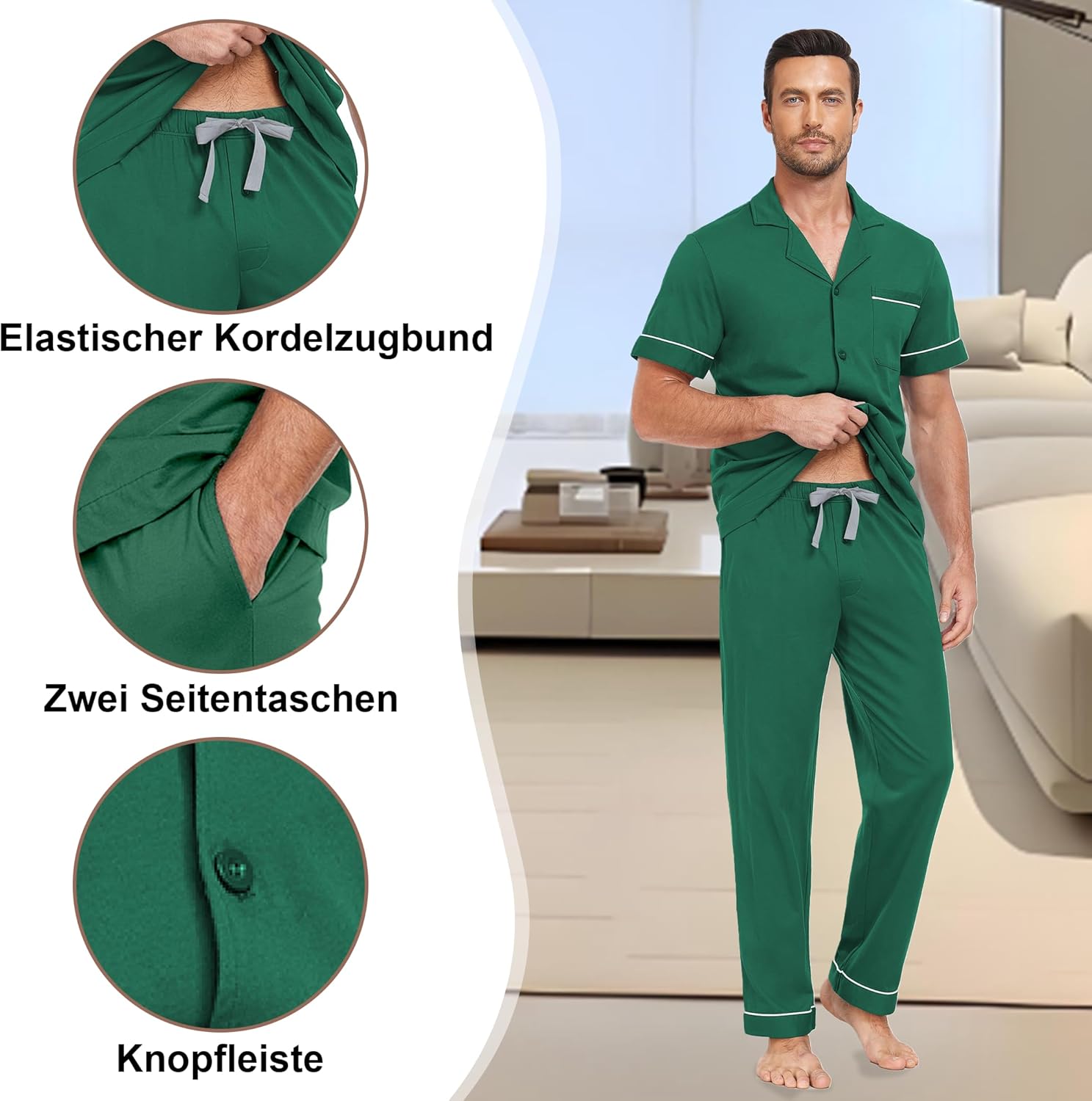 Thumbnail 4 de EA'S SECRET Herren Schlafanzug Set aus 100% Baumwolle – Kurzarm Hemd & Lange Hose, Knopfverschluss, Taschen, Größe S–XXL