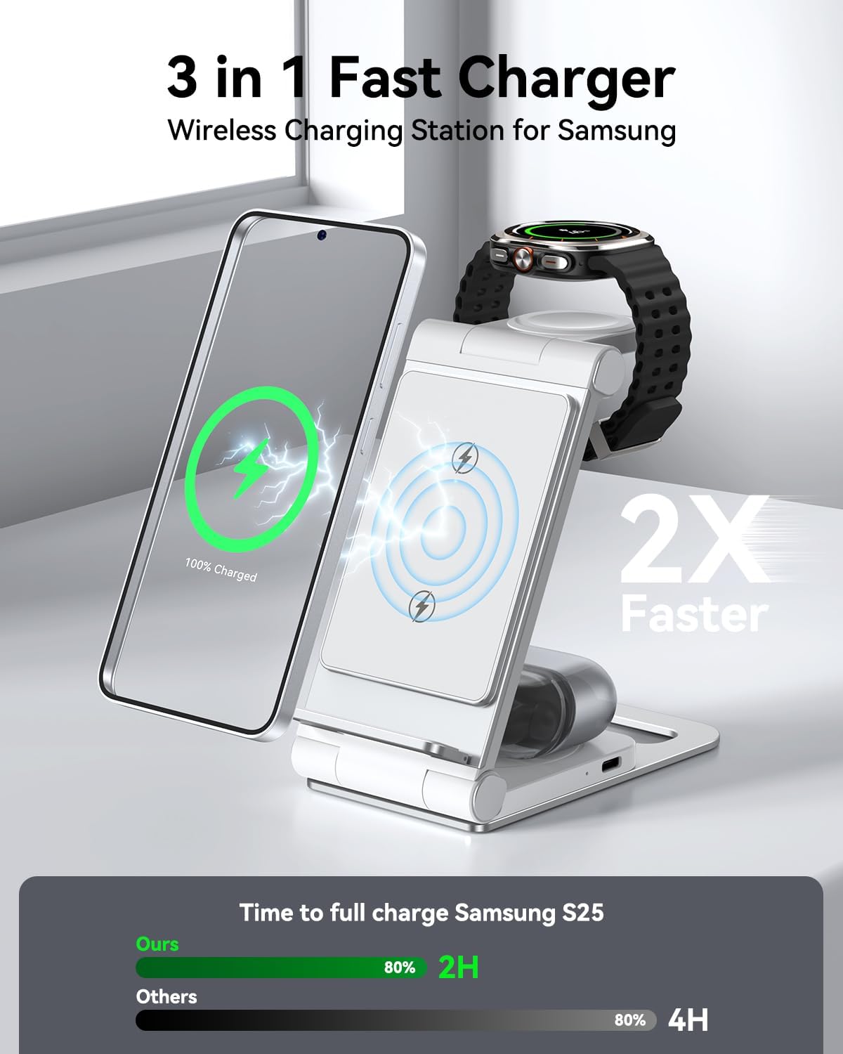 Detalle 2 de 3-in-1 Wireless Charging Station for Samsung Galaxy S26/S25/S24/S23/S22/S21/S20, Watch 8/Classic/Ultra/7/6/5/4, and Galaxy Buds