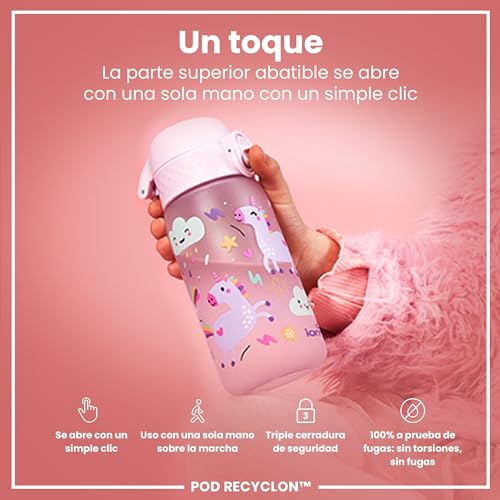 Detalle de ion8 Botella de Agua para Niños 350 ml: a prueba de fugas, fácil de abrir y con diseño unicornio