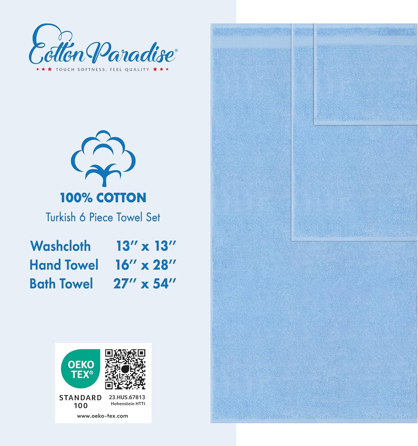 Detalle de Cotton Paradise 6 Piece Turkish Towel Set — 100% Cotton, Soft, Absorbent Bath Towels in Sky Blue