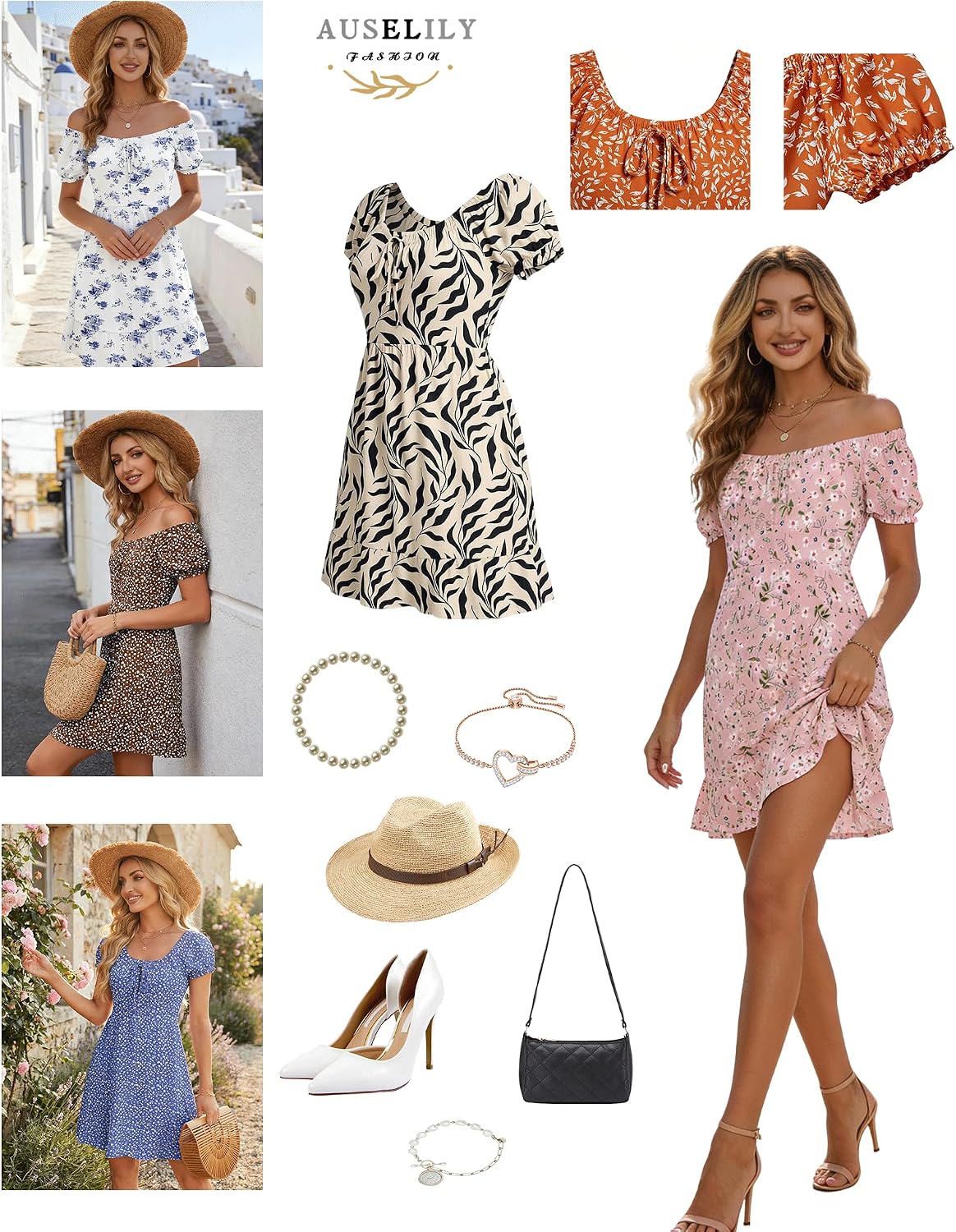 Detalle de AUSELILY Women Summer Dress with Puff Sleeves and Pockets