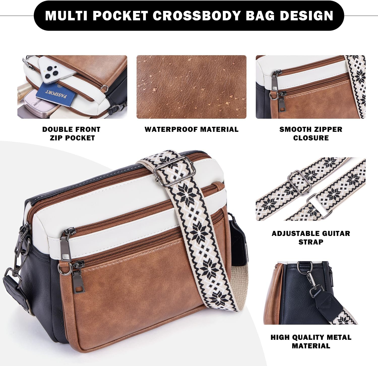Detalle de MUIIKOLA Cross Body Bag for Women – Vegan Leather Medium Shoulder Handbag with Built‑in Wallet and Wide Adjustable Strap