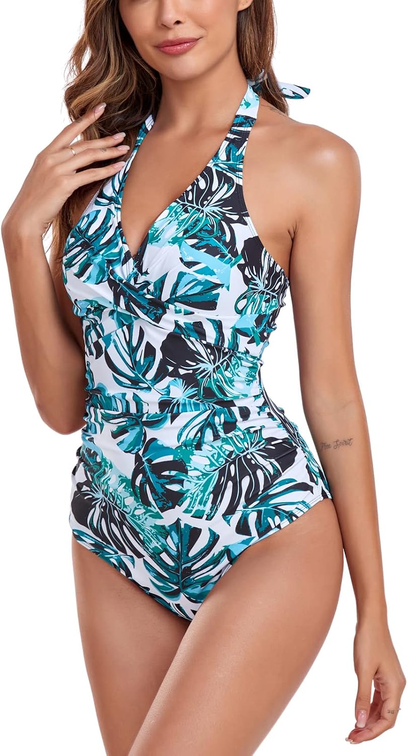 Detalle de FLYILY Maillot de Bain Femme – Contrôle du Ventre Froncé, Col en V et Détails Torsadés (Une Pièce)