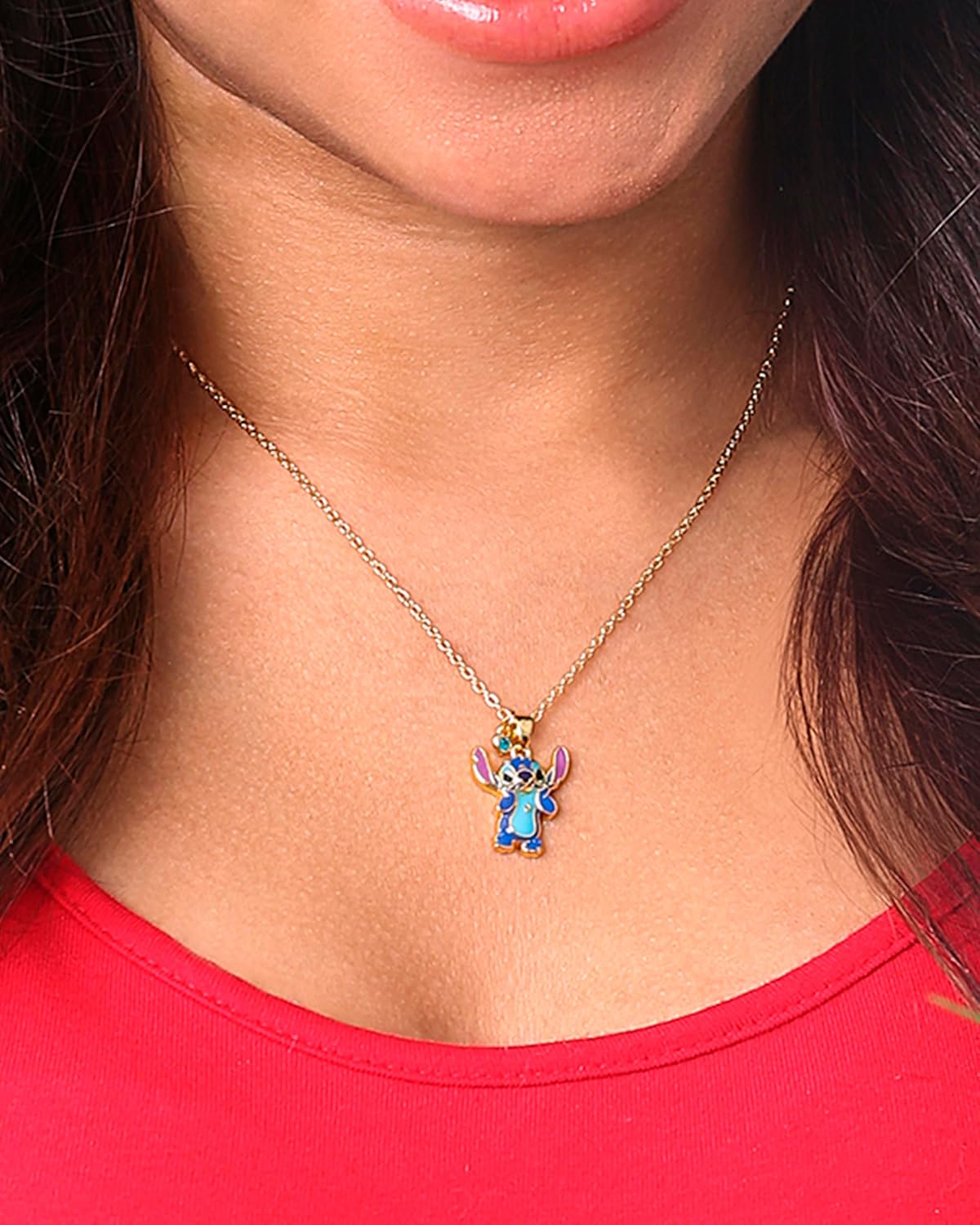 Detalle de Disney Collana Stitch da Donna – placcatura oro 18k, ciondolo smaltato e crystal blu
