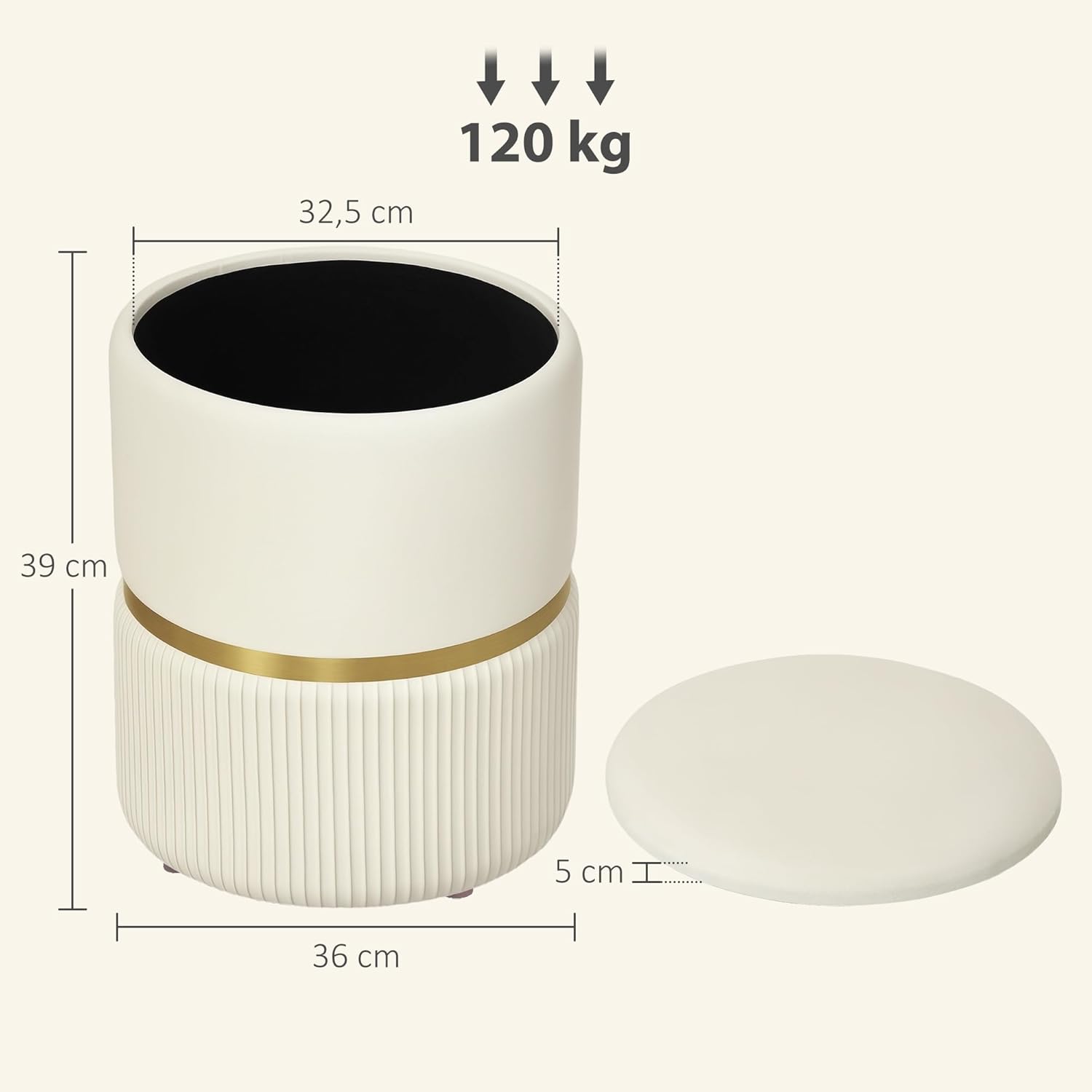 Thumbnail 2 de HOMCOM Pouf Tabouret Repose-Pied avec Coffre de Rangement en Velours côtelé Beige – 36 x 36 x 44 cm