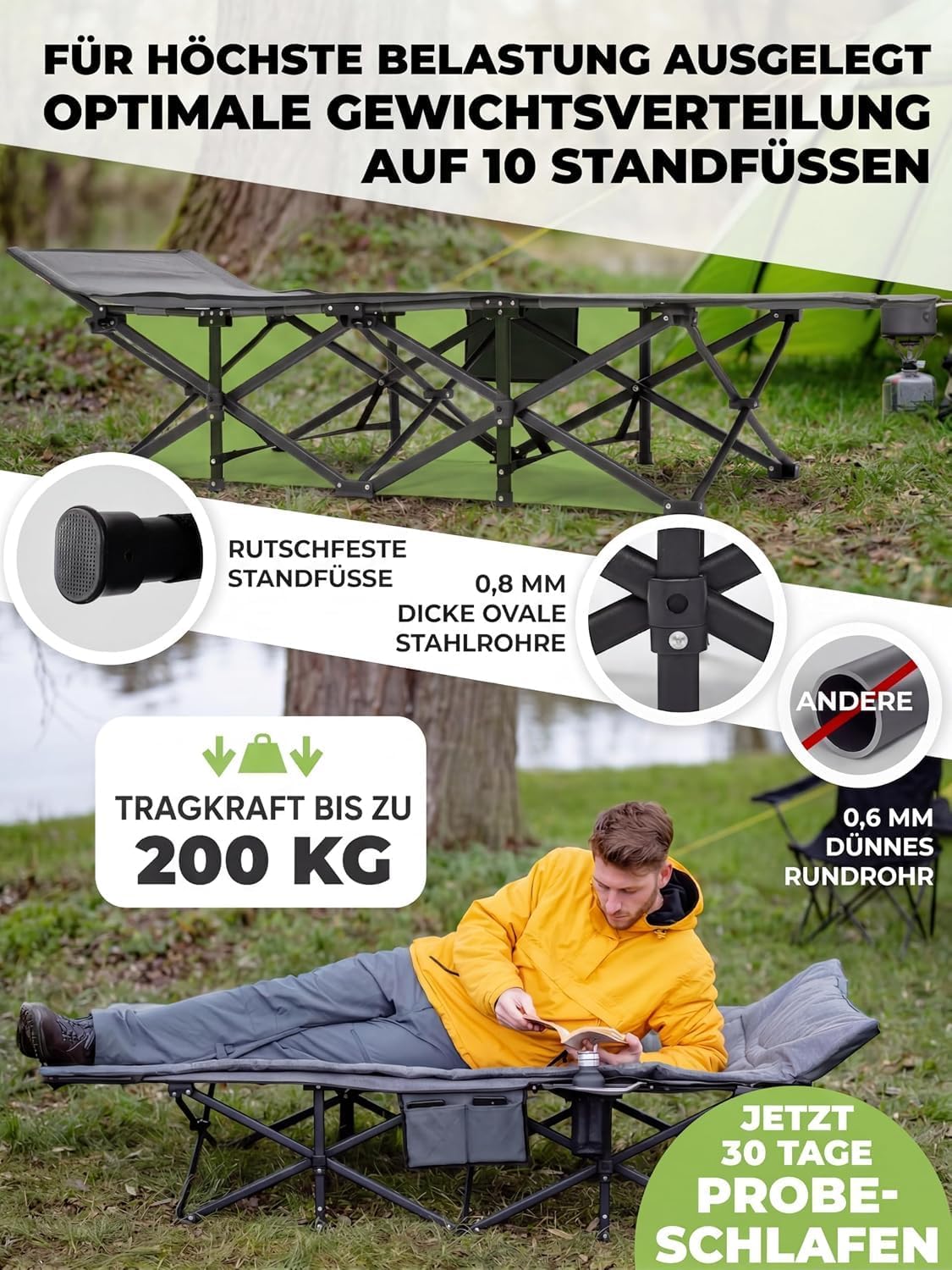 Detalle 2 de NORDICTRAILS Feldbett klappbar in 10 Sek aufgebaut – XXL Camping Liege, 200 cm x 80 cm, 200 kg