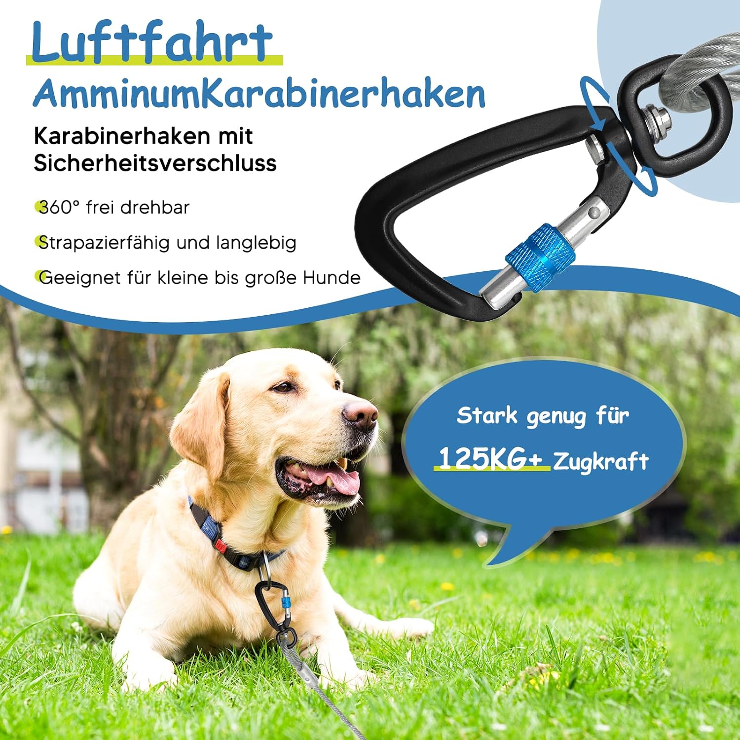 Detalle de Hofleine für große Hunde – 15 m Laufleine mit Feder, rostfreiem Haken und reflektierender Beschichtung