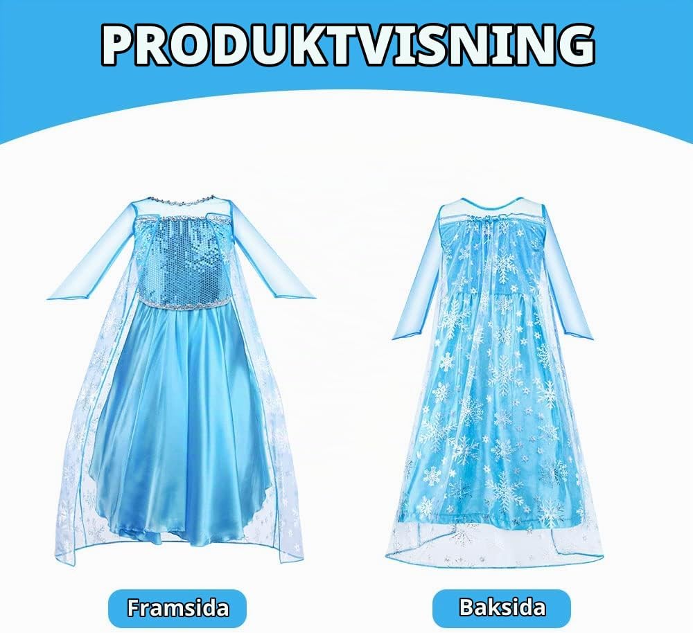 Detalle de Vicloon Elsa-prinsessklänning med krona, trollstav och glänsande sidentyg