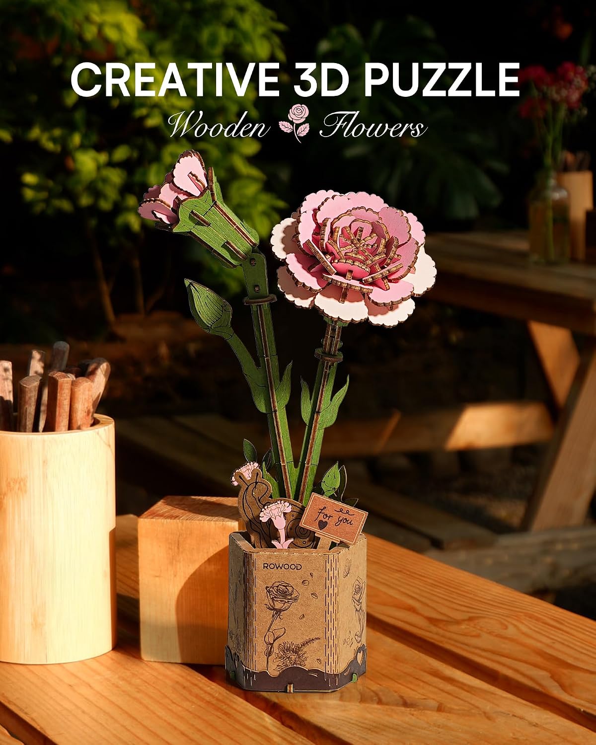 Detalle de rowood 3D Puzzle Rosa Nelke – DIY-Holzblume zum Zusammenbauen für Erwachsene