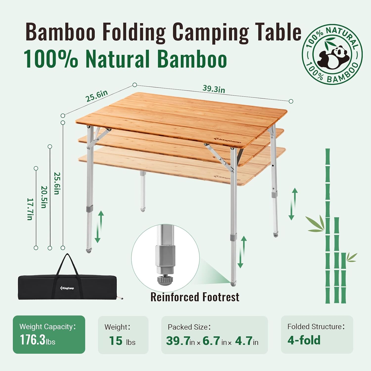 Detalle 2 de KingCamp KC2006_YELLOW Bamboo Folding Camping Table, 4-Fold, 3 Heights