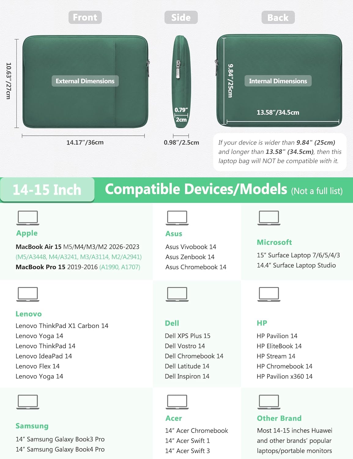 Detalle 2 de HYZUO 14-15 Inch Laptop Sleeve Bag Set for MacBooks and More — Jungle Green