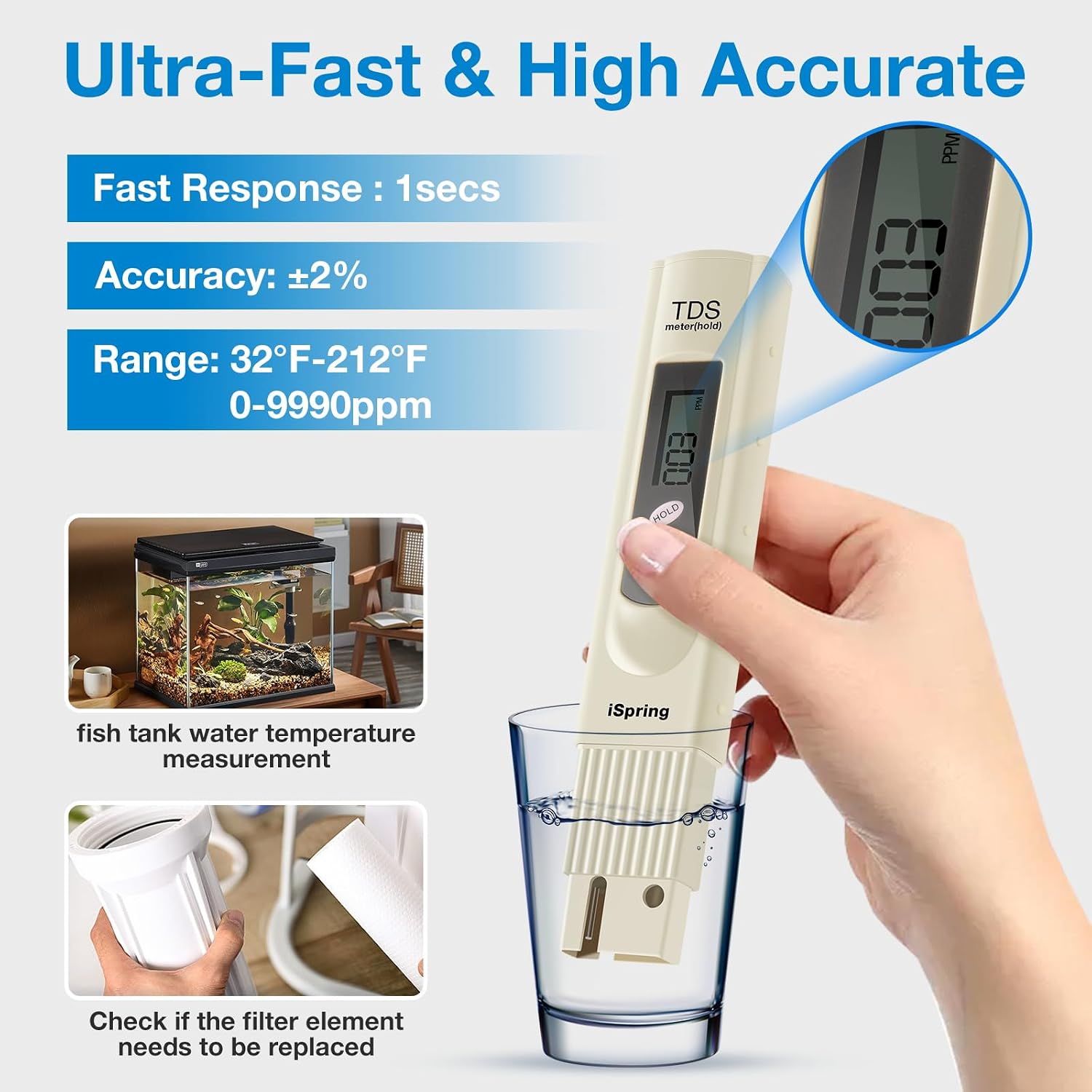 Detalle 2 de iSpring TDS-3 digitale waterkwaliteitsmeter met temperatuurmeting en holdknop