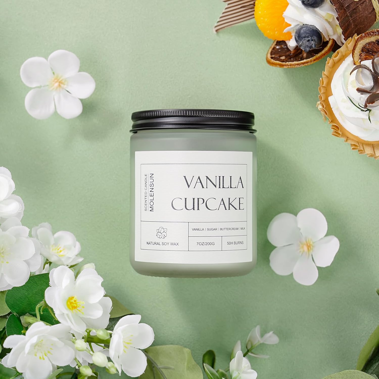 Detalle de Molensun Vanilla Cupcake Scented Candle — 7 oz Soy Jar for Relaxation and Ambiance