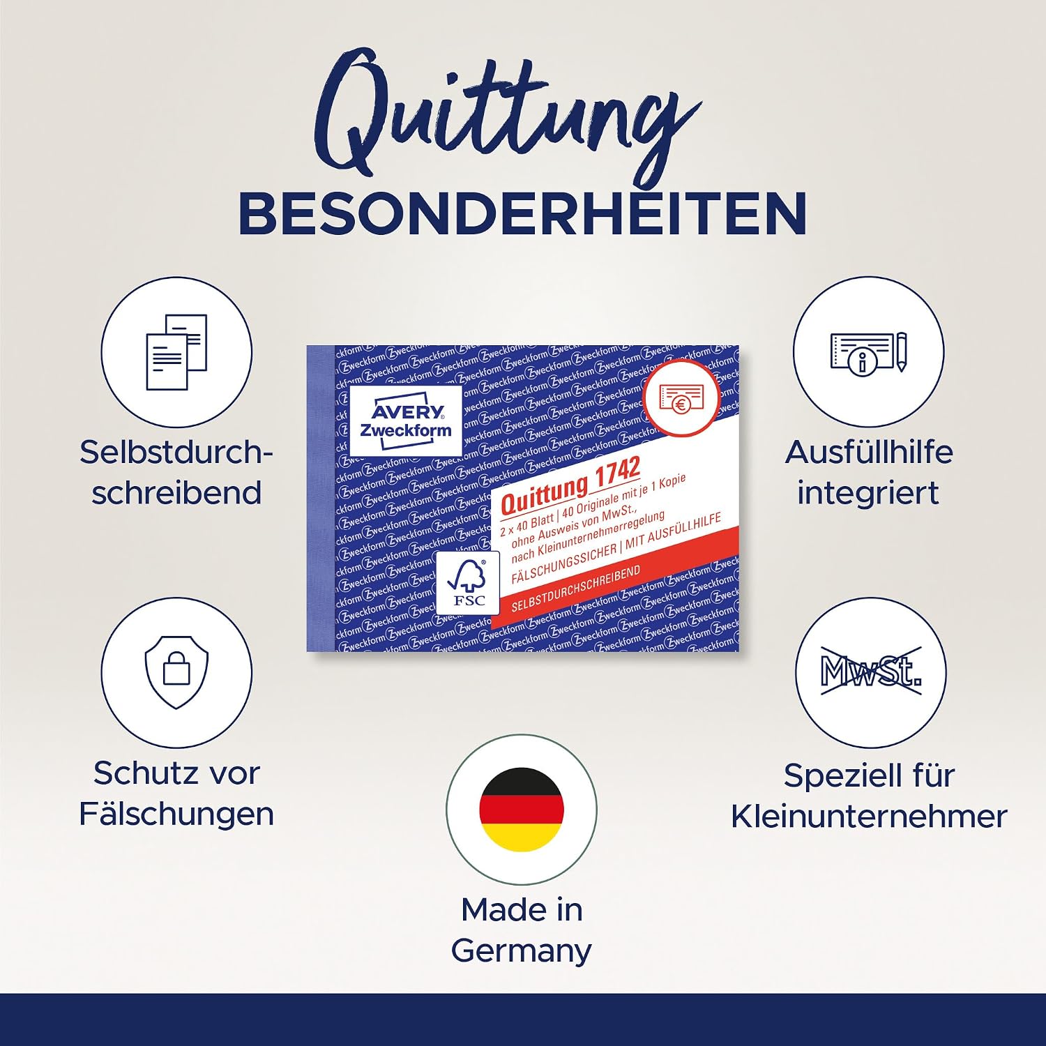 Detalle de AVERY Zweckform 1742-5 Quittungsblock Kleinunternehmer (A6 quer, 2x40 Blatt, 5er-Pack)