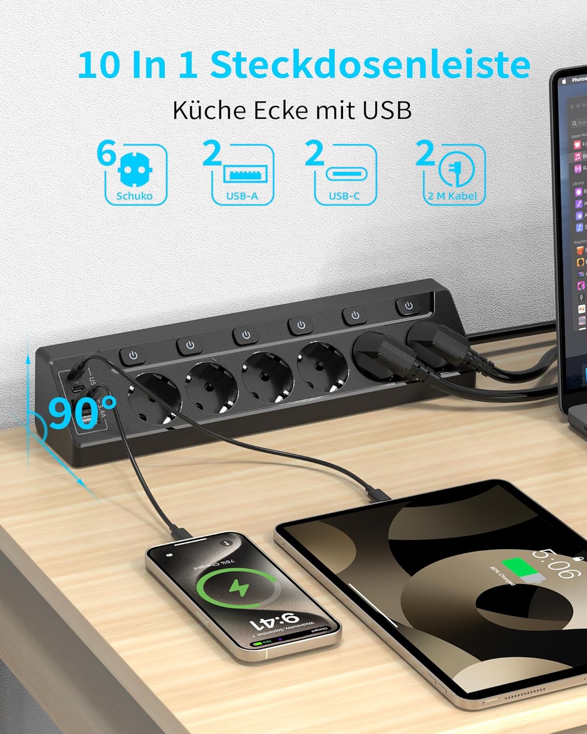 Detalle 2 de Eck Steckdosenleiste mit USB C 2 m Kabel