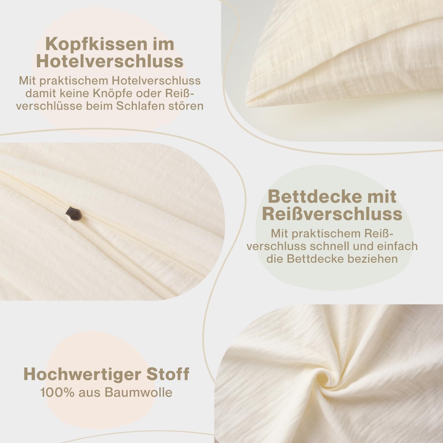 Detalle 2 de Blumtal Musselin Bettwäsche 200x200 cm + 2x 80x80 cm – OEKO-TEX, 100% Baumwolle, beige