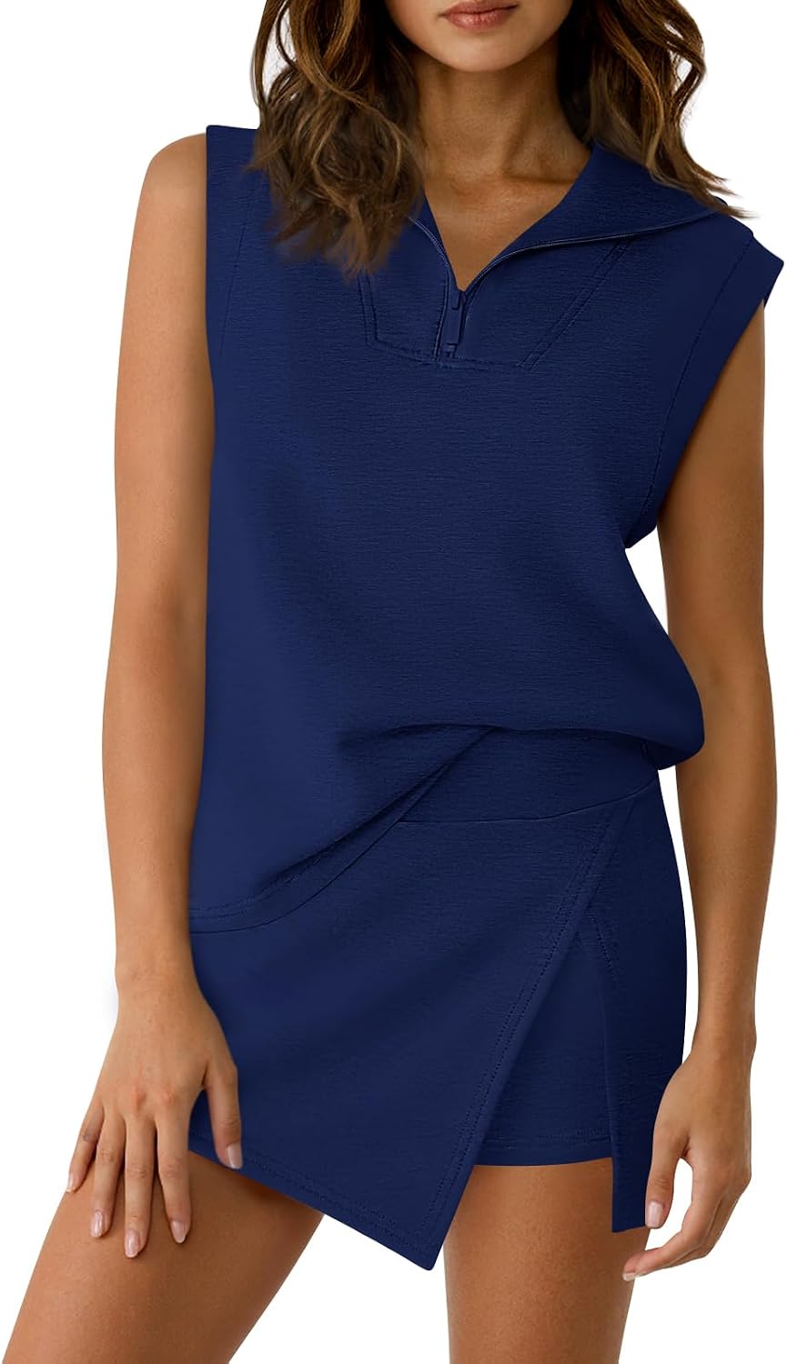 Thumbnail 6 de Fisoew Women’s 2-Piece Skirt Set: Summer Sleeveless Half-Zip Sweatshirt & Built-In Shorts Skort