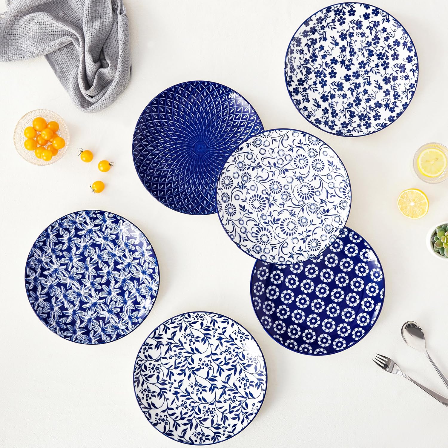 Detalle 2 de vancasso SELENE porseleinen dinerborden, set van 6, handbeschilderd kobaltblauw