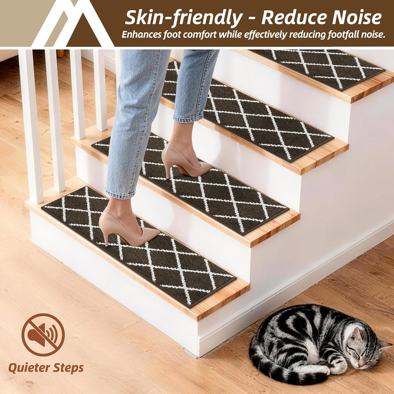 Detalle 2 de COSY HOMEER Plaid Stair Treads, 15-Piece Washable Set, 9" x 28", Brown
