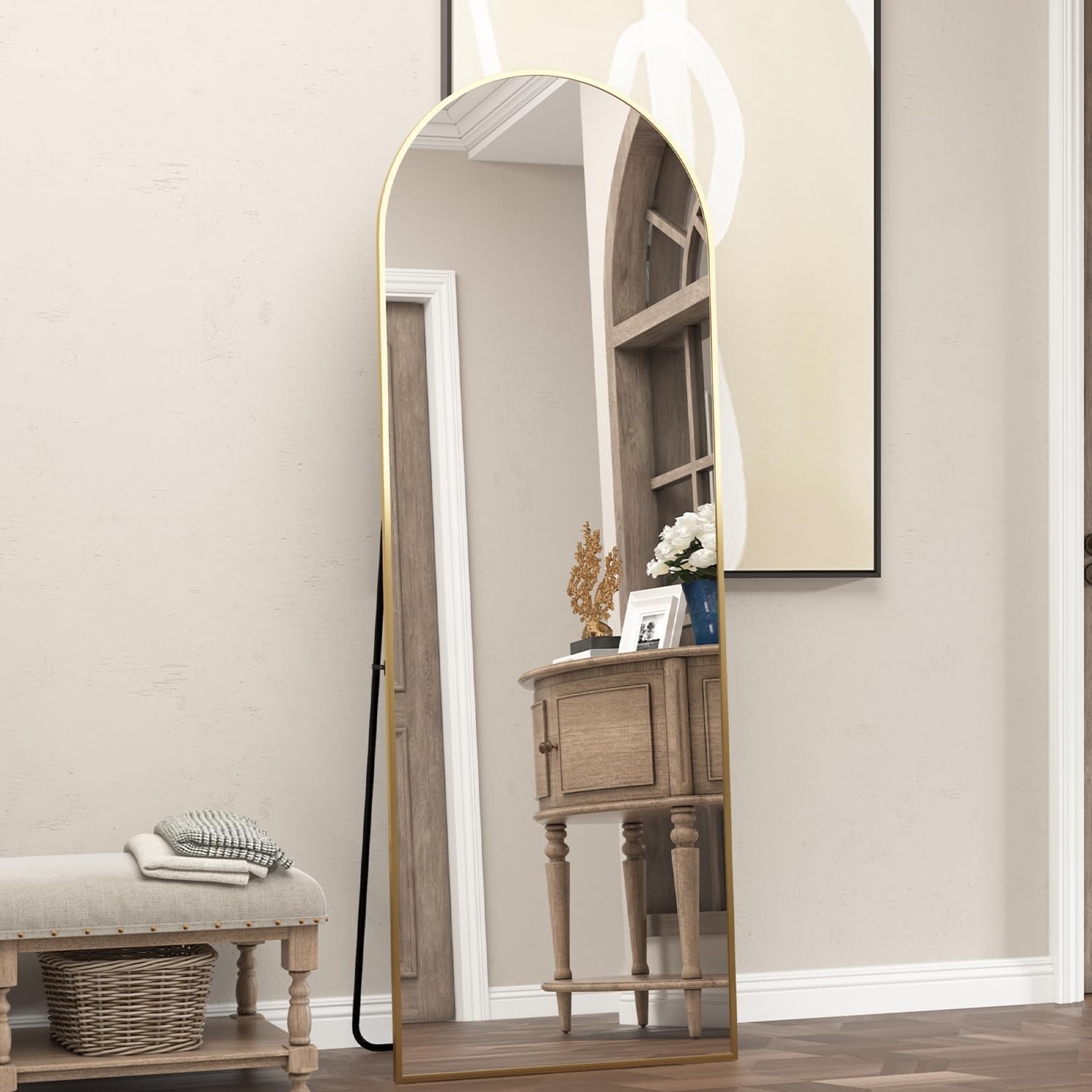Detalle de Elemango Full length Floor Mirror, vloerspiegel met boog, aluminium frame, goud