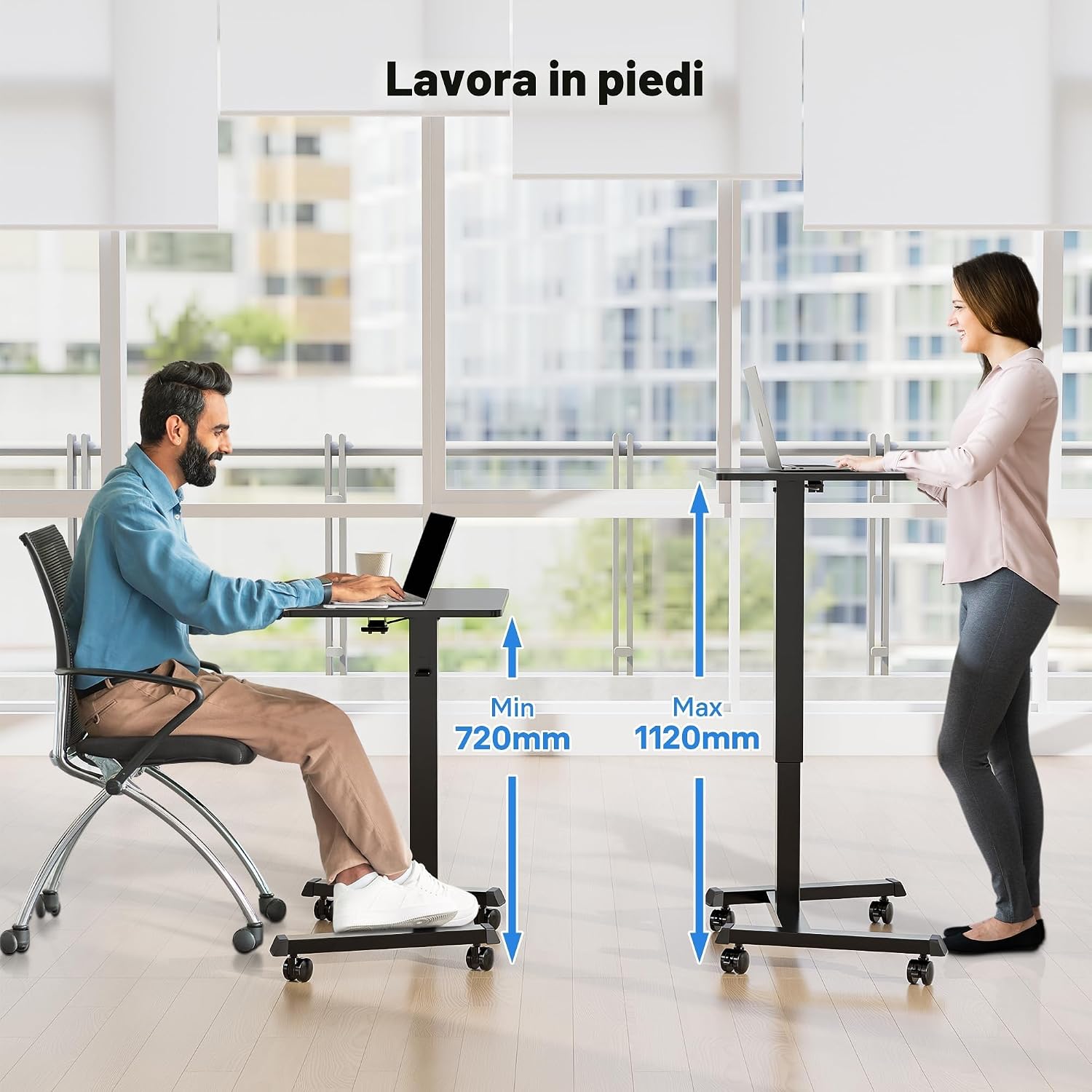 Thumbnail 2 de BONTEC Scrivania per Computer da Ufficio con Altezza Regolabile 72–112 cm, Tavolo Porta PC con Ruote e Vassoio Retrattile