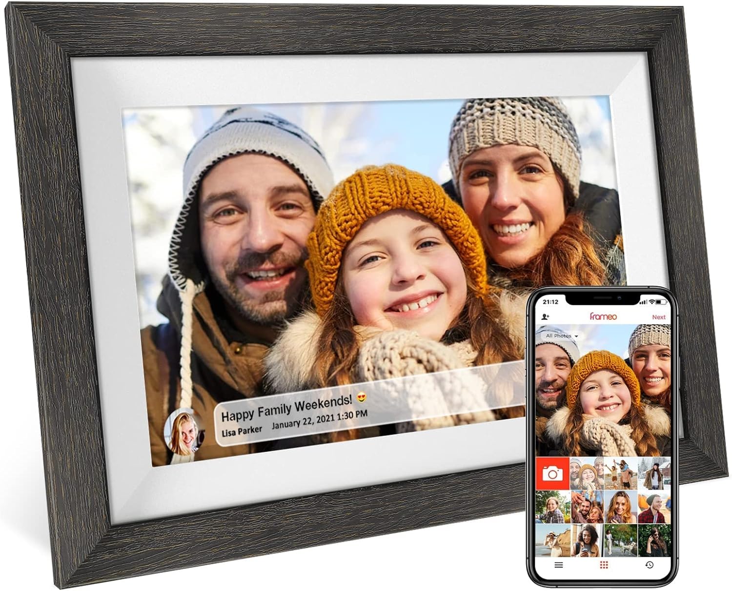 Frameo 10.1-inch WiFi Digital Picture Frame (Wood) with Touch Screen, Auto-Rotate & IPS HD Display