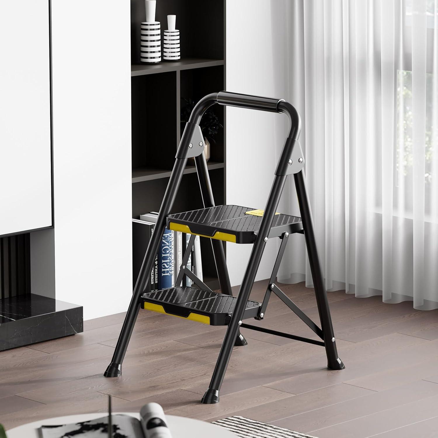 Thumbnail 5 de KINGRACK 2 Step Ladder with Safe-Lock Design, Handrail & Anti-Slip Wide Pedals (Steel, Folding)