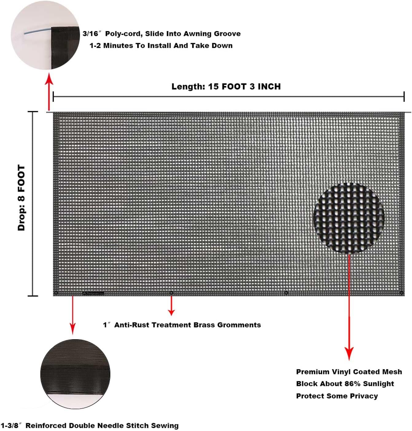 Thumbnail 5 de Tentproinc RV Awning Sun Shade Screen (8' x 15' 3") — Black UV Block Mesh for 16' Awning