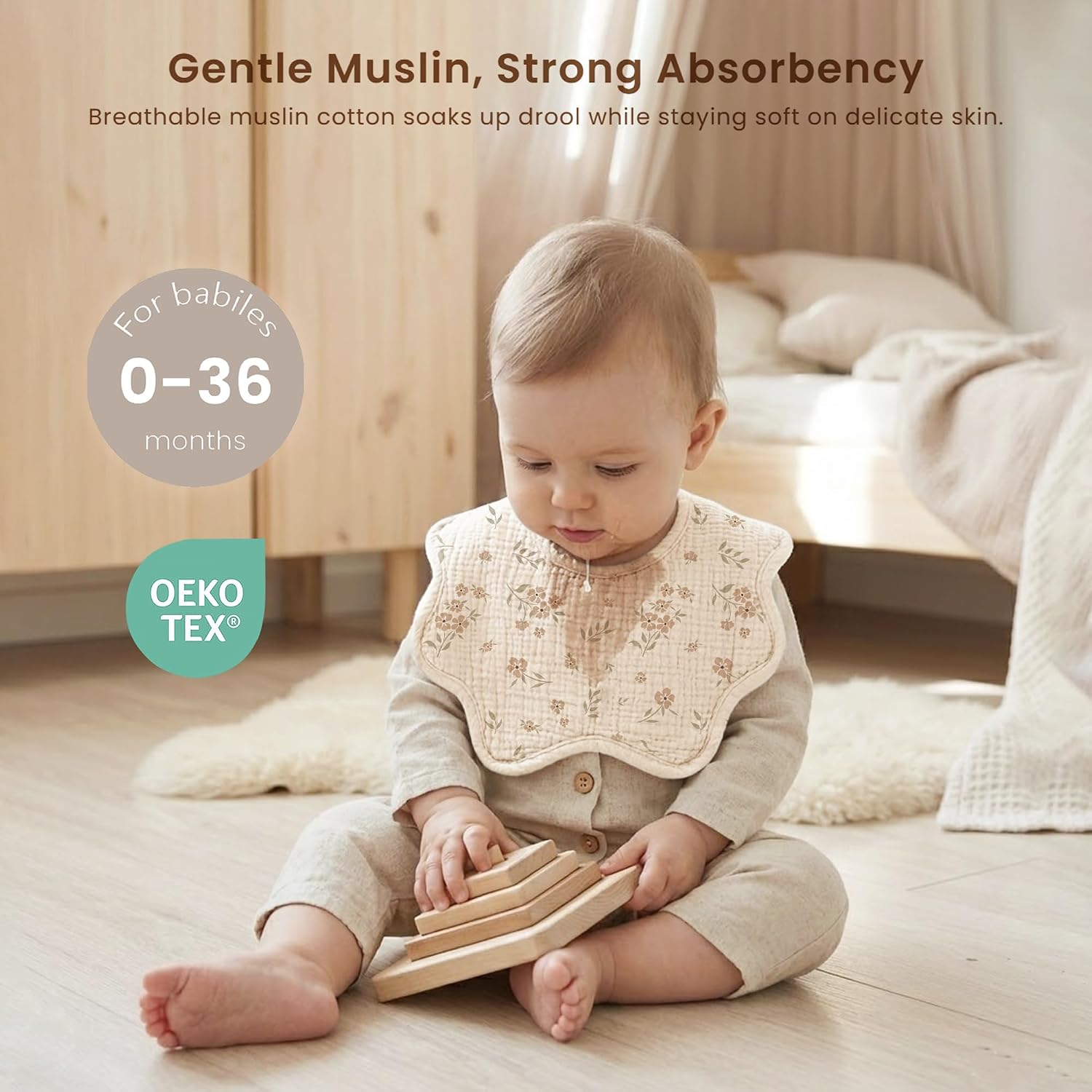 Detalle de Konssy 6-Pack Muslin Baby Bandana Bibs, 100% Cotton, Adjustable Snaps, Khaki