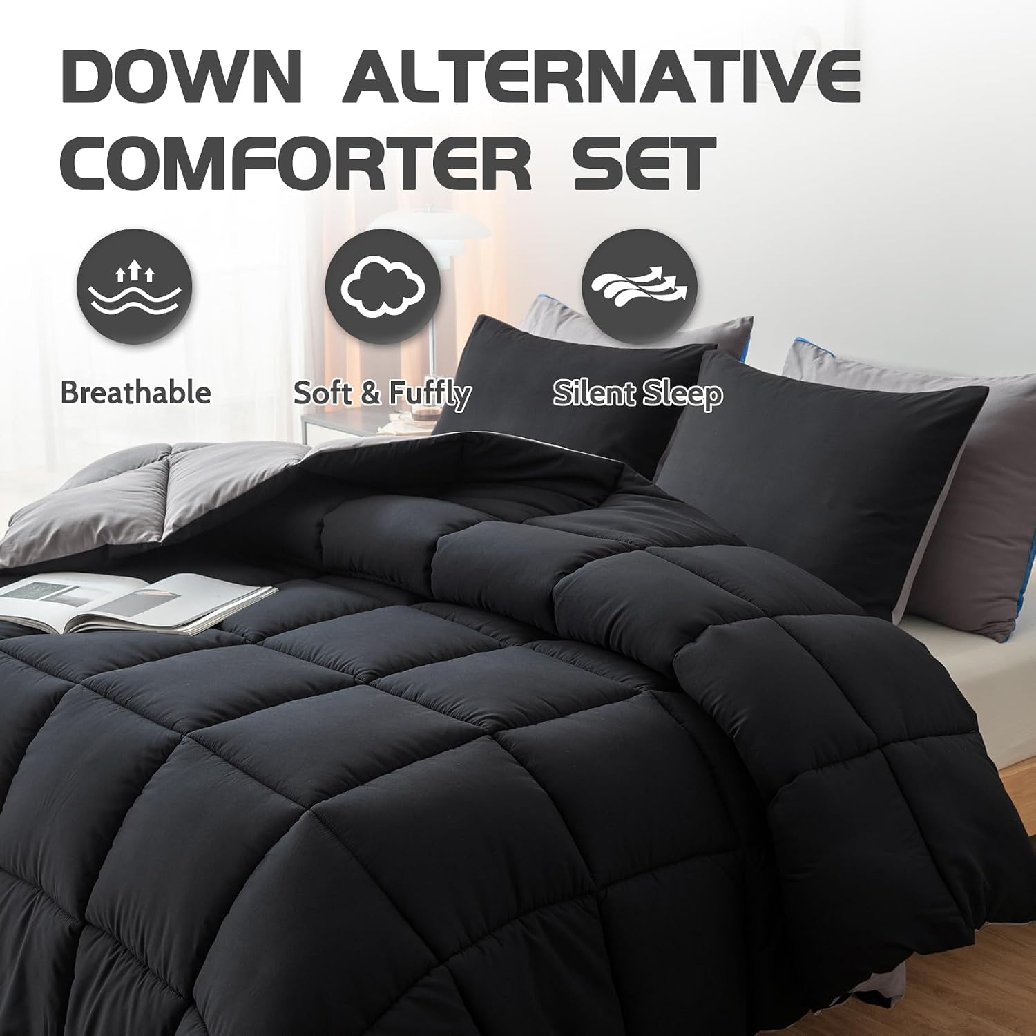 Detalle de Decroom D-LDACSET-BLACKG-K King Comforter Set, Reversible Black/Grey, Quilted