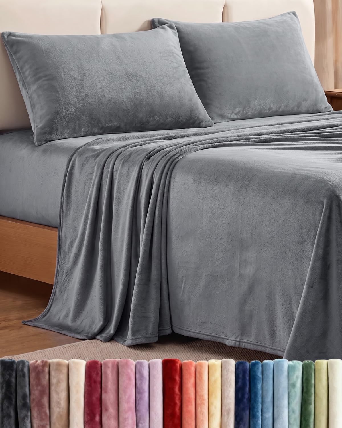 Detalle de CGK Unlimited Queen Fleece Sheet Set, Dark Gray, Deep Pockets