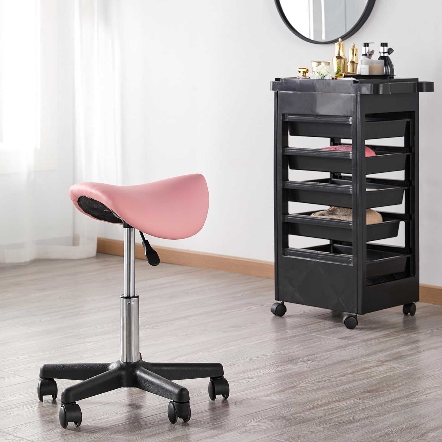 Detalle de Yaheetech Sgabello a Sella con Ruote Regolabile in Altezza – Ergonomico, girevole e versatile per salon e studio Rosa